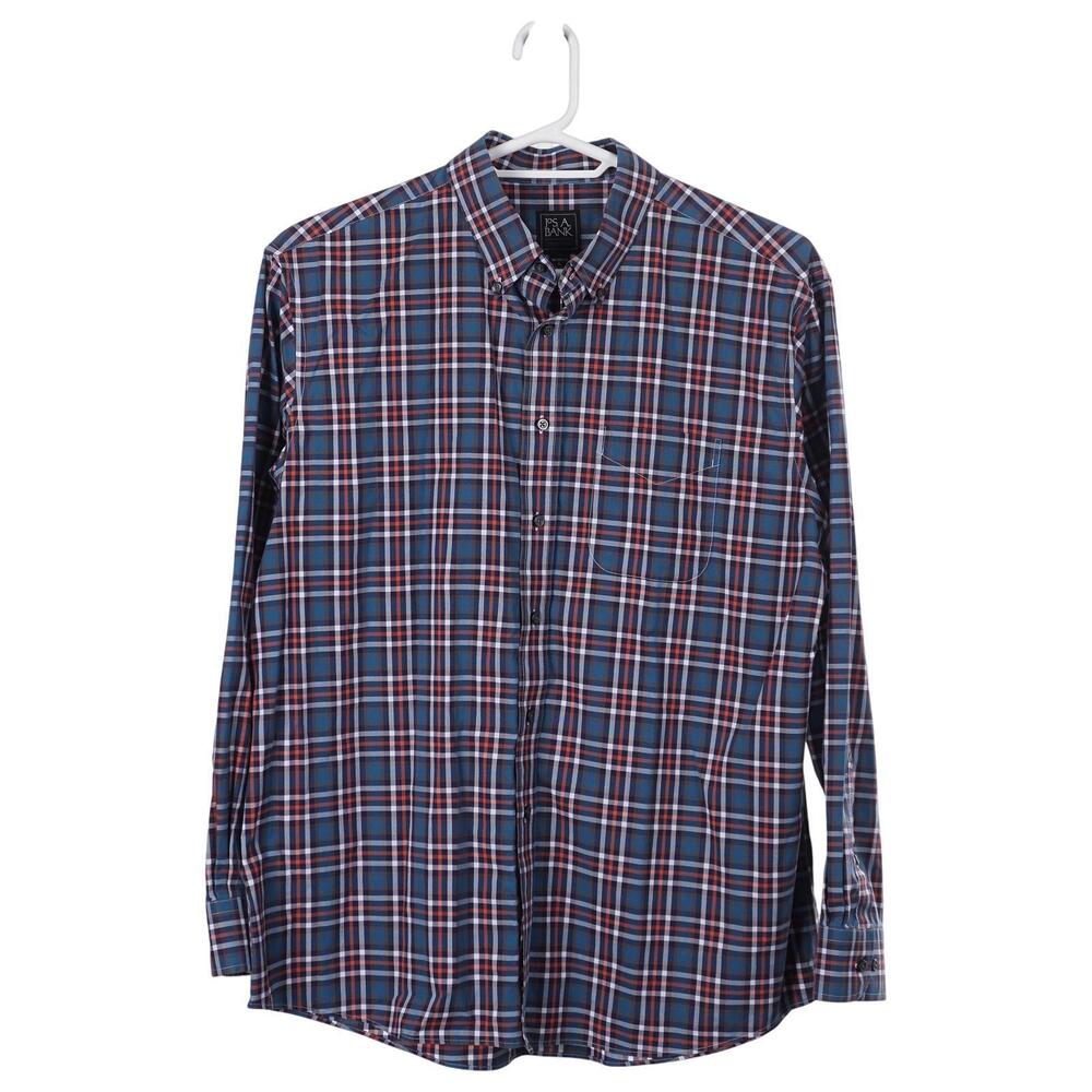JOS. A. BANK Traveler Shirt XL Blue Plaid Tailored Fit Long Sleeve Button Down